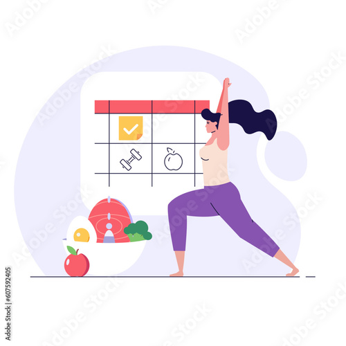 Diet plan illustration. Woman planning diet with calendar and fresh vegetable. Meal plan, nutrition consultation, balance diet. People control weight. Vector flat cartoon design for web banners, UI
