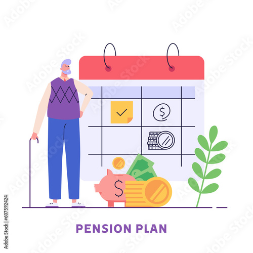 Elderly people choosing pension plan. Pensioner standing next to calculator and coins. Concept of pension savings, insurance pension, funded pension, investments. Vector flat cartoon design