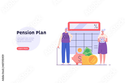 Elderly people choosing pension plan. Pensioner standing next to calculator and coins. Concept of pension savings, insurance pension, funded pension, investments. Vector flat cartoon design