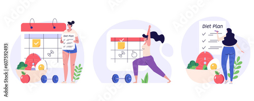 Diet plan illustration set. Women planning diet with calendar and fresh vegetable. Collection of meal plan, nutrition consultation, balance diet. People control weight. Vector flat cartoon design