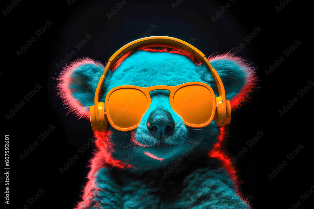 Artwork Illustration of koala in headphones leastening music. Generative AI