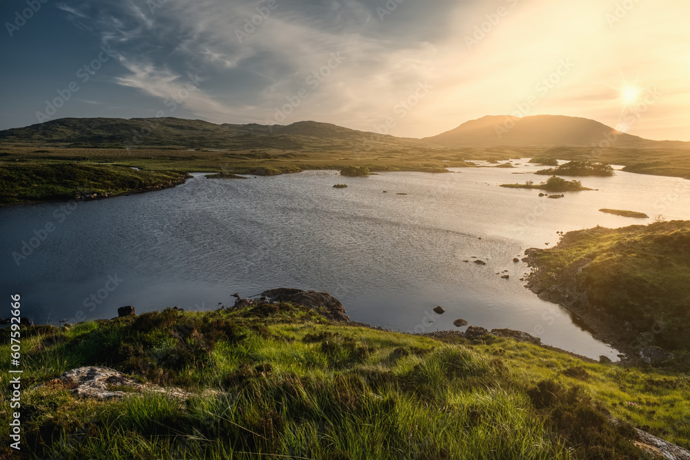 Breathtaking landscape sunset scenery of lakes and mountains at Connemara National park in County Galway, Ireland 