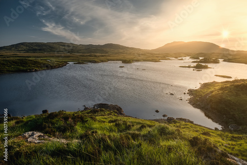 Breathtaking landscape sunset scenery of lakes and mountains at Connemara National park in County Galway  Ireland 
