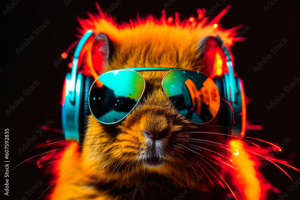 Hamster in headphones leastening music. Generative AI