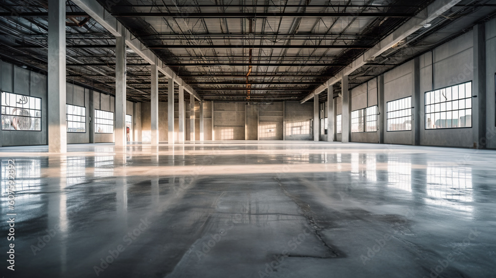 A large empty warehouse with lots of windows. Generative AI.