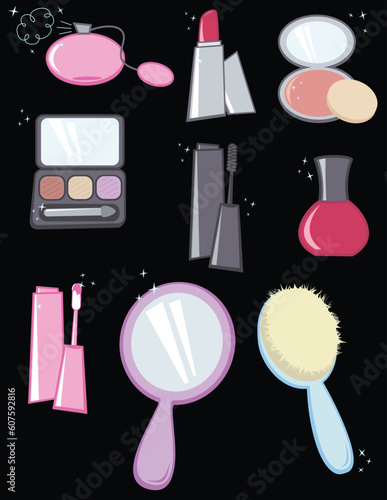 These are vector illustrations of a variety of cosmetics - the black background is on it's own layer for easy removal and editing.