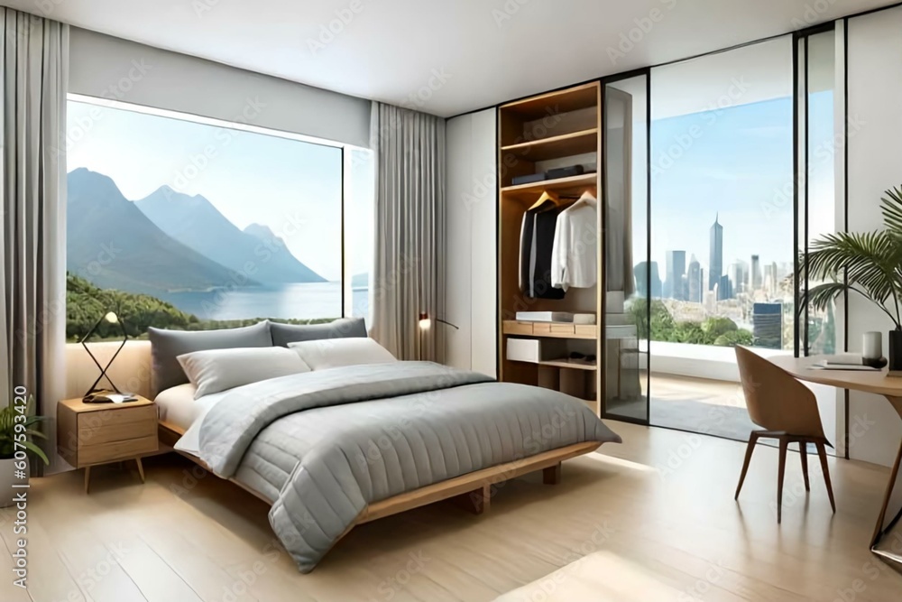 Fototapeta premium Double bedroom, minimalist-style interior design