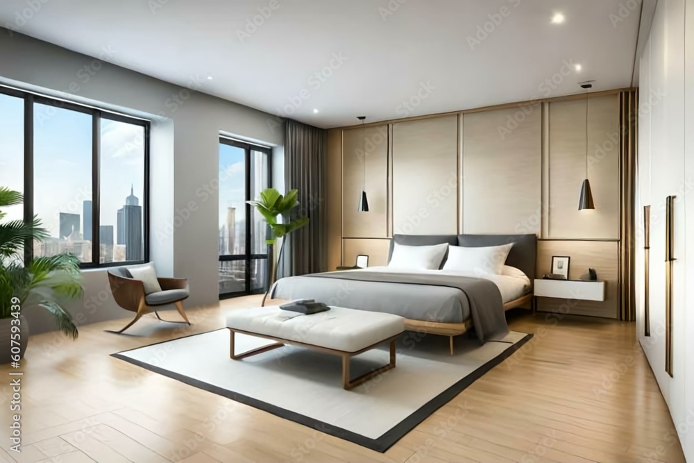 Fototapeta premium Double bedroom, minimalist-style interior design
