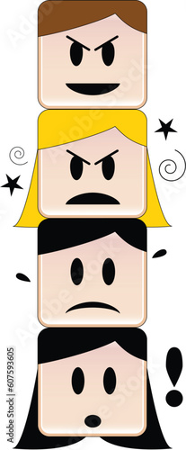 Heads on top of each other expressing different feelings under a mean face