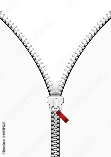 Silver zipper in a vertical line over white background
