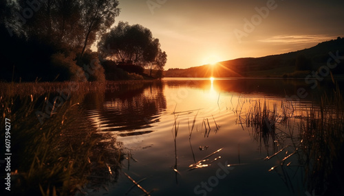 Tranquil sunset reflects on water  nature beauty generated by AI