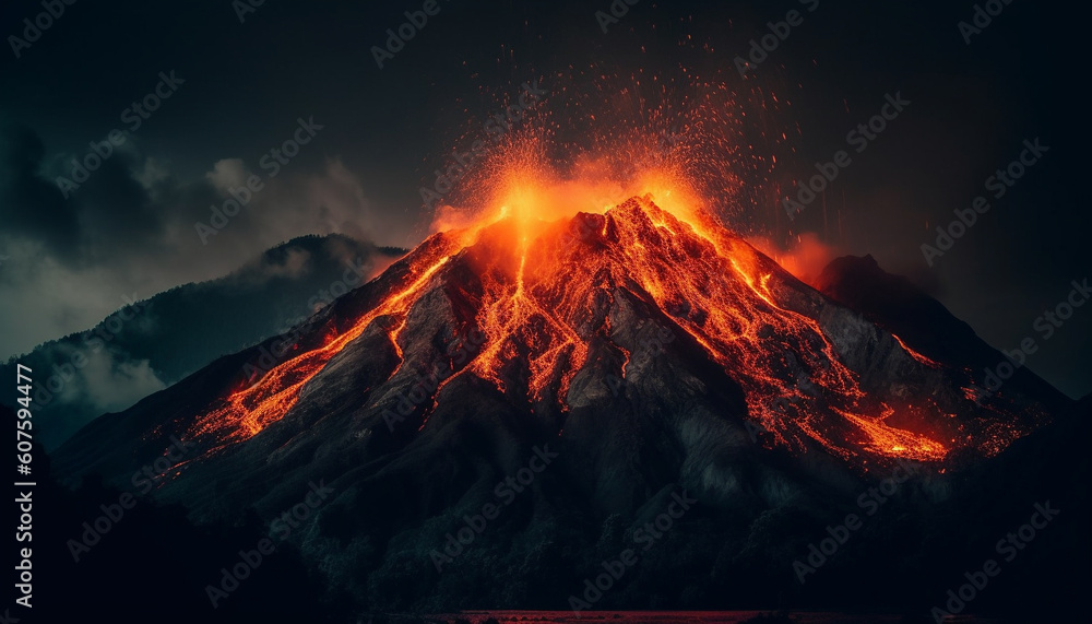 Erupting mountain peak, smoke, fire, danger, adventure generated by AI