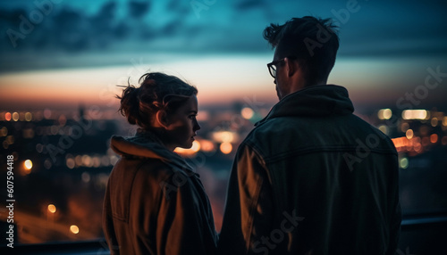 Young couple embracing in illuminated cityscape twilight generated by AI