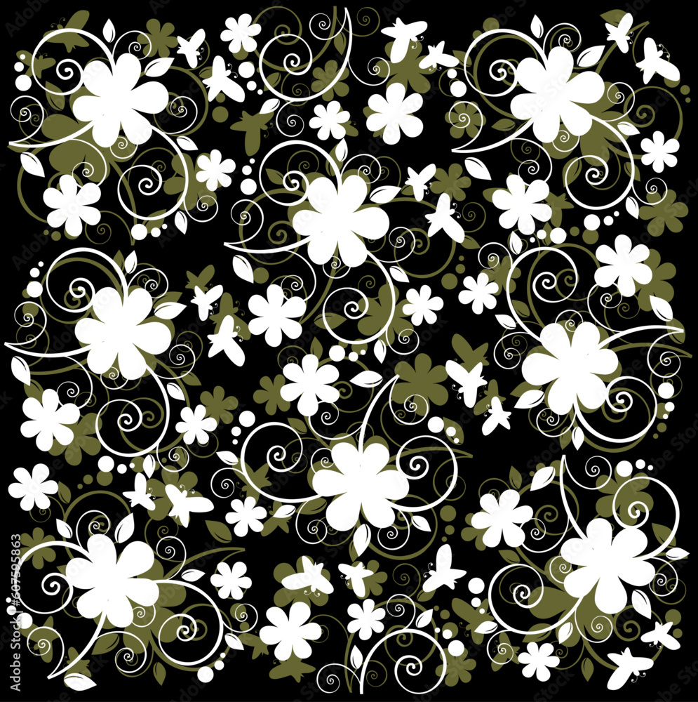 Pattern with white flowers on a dark background.