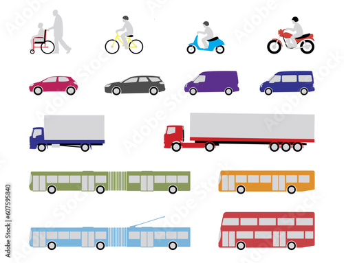 illustrated set of pedestrian, road and public transport vehicles