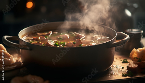 Homemade beef stew cooked on rustic stove generated by AI