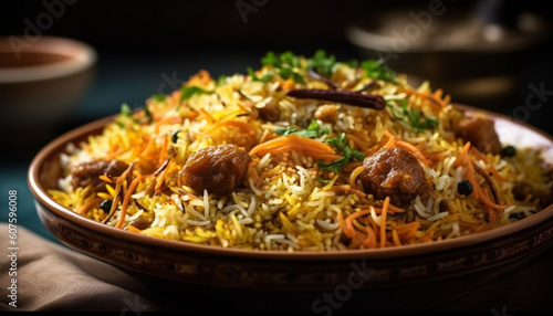 Saffron rice with meat and vegetables bowl generated by AI