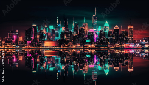 Modern skyline reflects vibrant city life at dusk generated by AI