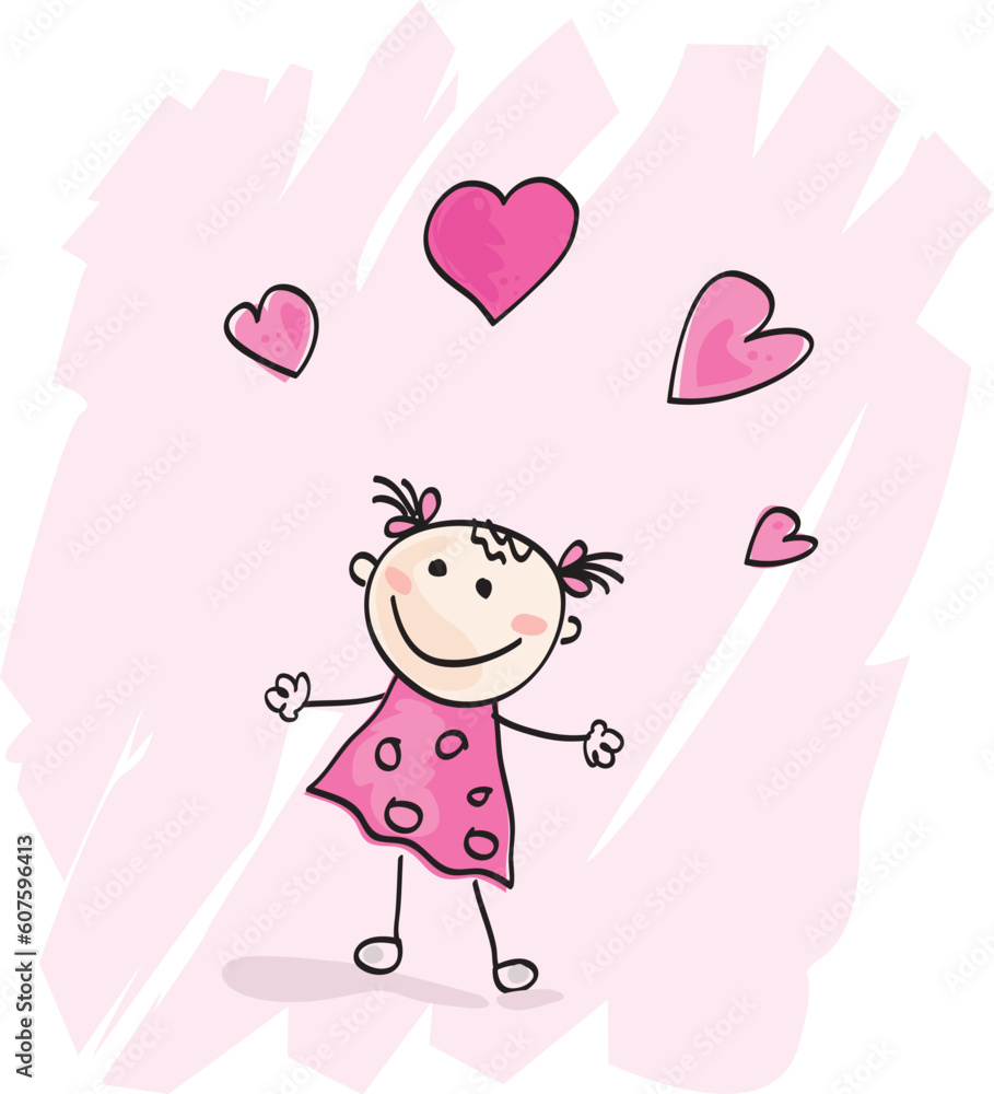 Doodle cartoon character. Loving girl with hearts. Vector Illustration. Doodle cartoon character. Loving girl with hearts. Vector Illustration.