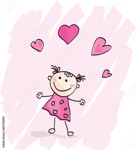 Doodle cartoon character. Loving girl with hearts. Vector Illustration.