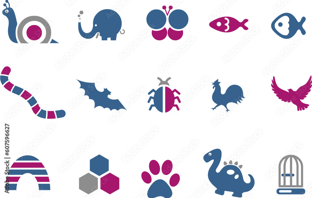Vector icons pack - Blue-Fuchsia Series, animals collection