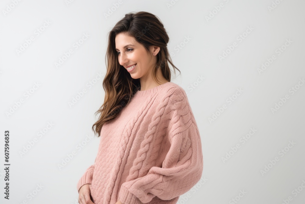 cheerful woman in pink sweater smiling at camera isolated on white cheerful woman in pink sweater smiling at camera isolated on white