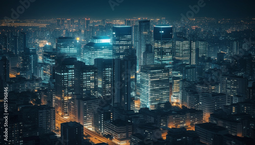 Illuminated skyscrapers light up Beijing modern skyline generated by AI