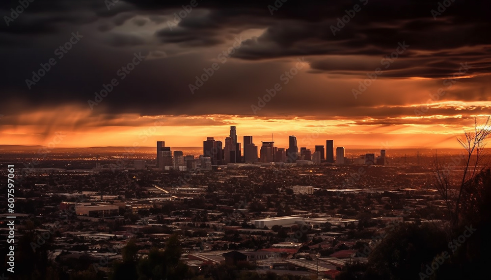 Silhouette of skyscrapers against dramatic sunset sky generated by AI