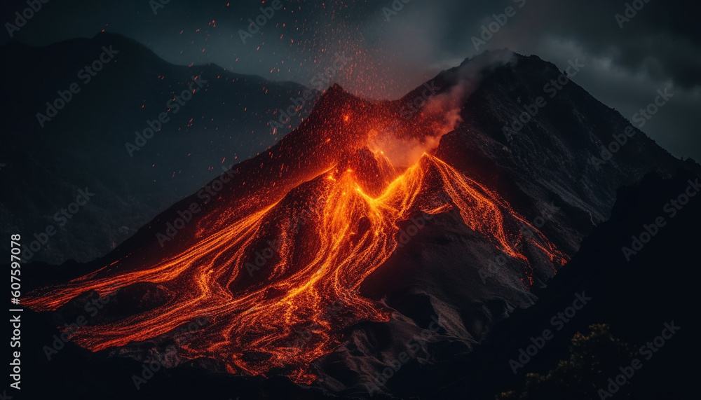 Erupting mountain peak, fiery inferno adventure awaits generated by AI