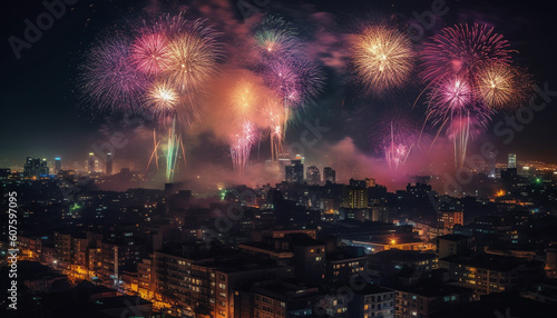fireworks illuminate urban skyline at night generated by AI