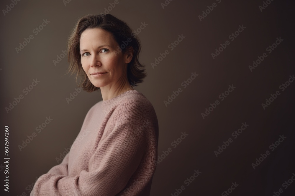 Portrait of a beautiful middle-aged woman in a pink sweater Portrait of a beautiful middle-aged woman in a pink sweater