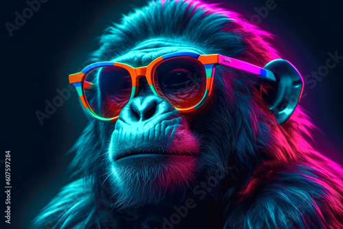 Cute gorilla wearing glasses. animal on summer vacation, animal illustration. Ai generative © zamuruev