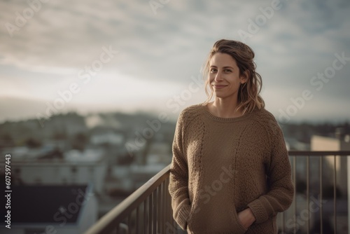 Portrait of a young woman standing on the balcony at sunset.