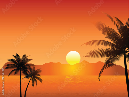 Tropical sunset scene with palm trees
