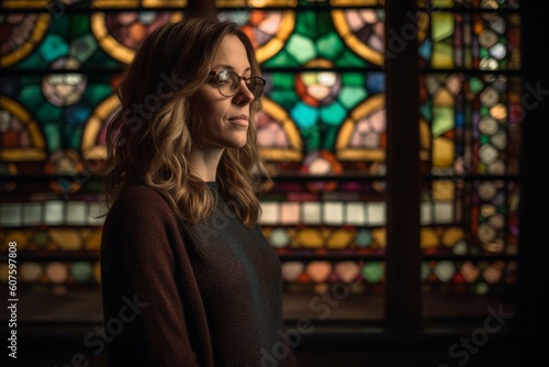 Beautiful young woman with long wavy hair and glasses standing in front of a stained glass window