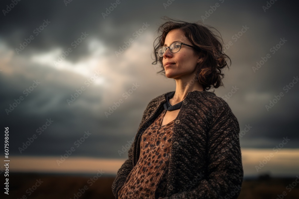 Portrait of a beautiful young woman in glasses on a background of stormy sky