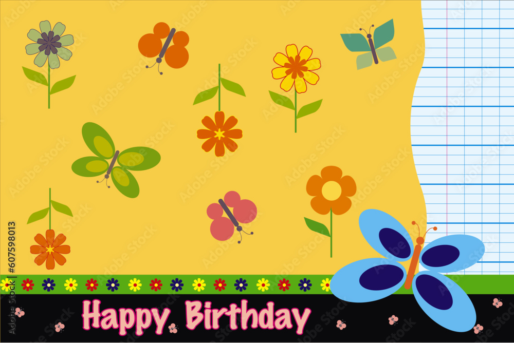 vector birthday card with flowers and butterfly vector birthday card with flowers and butterfly