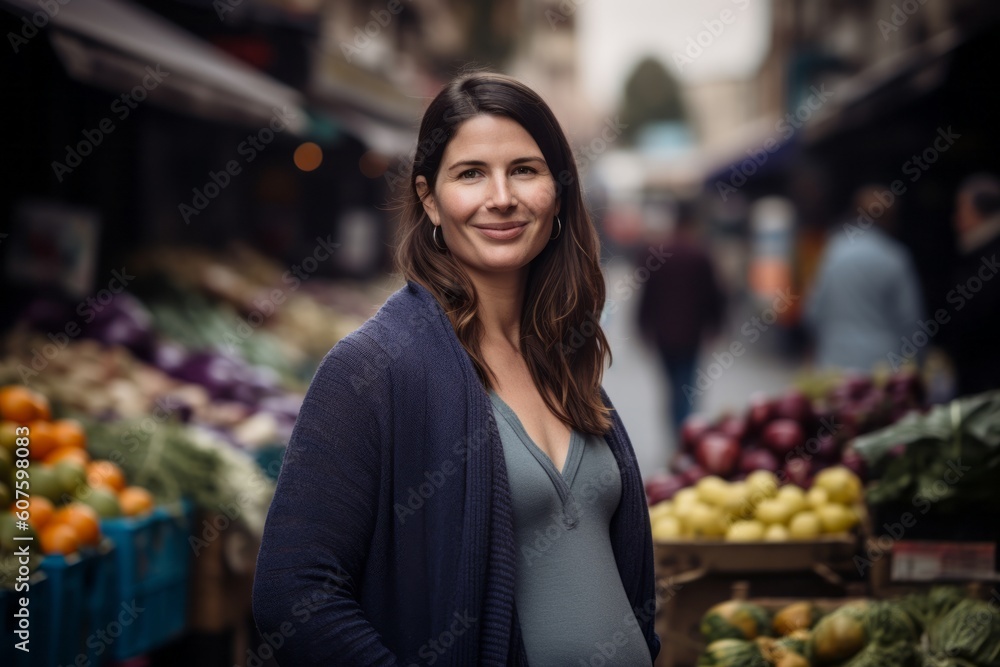 Medium shot portrait photography of a pleased pregnant woman in her 30s that is wearing a chic cardigan against a bustling market or street scene background . Generative AI