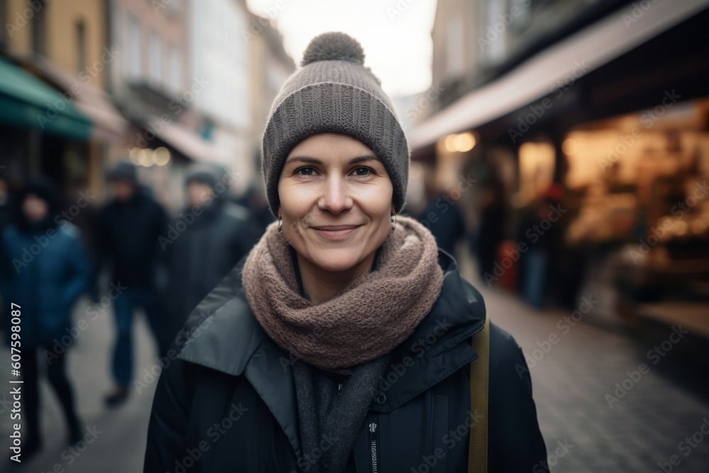 Portrait of a smiling young woman in a hat and scarf on the street Portrait of a smiling young woman in a hat and scarf on the street