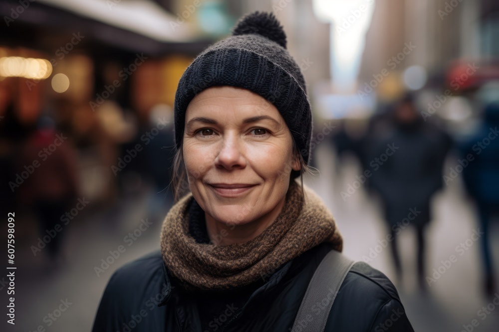 Portrait of a smiling woman in a hat and scarf in the city
