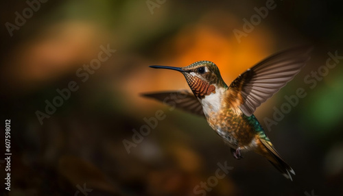 Hummingbird hovering, spreading wings in mid air generated by AI
