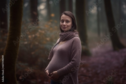 Pregnant woman standing in the autumn forest with her hands on her belly