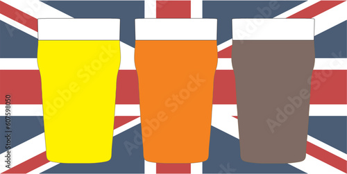Three pints of British beer including lager, bitter and stout over Union Jack