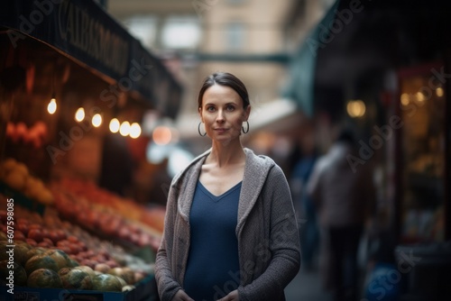 Lifestyle portrait photography of a pleased pregnant woman in her 40s that is wearing a chic cardigan against a bustling market or street scene background . Generative AI