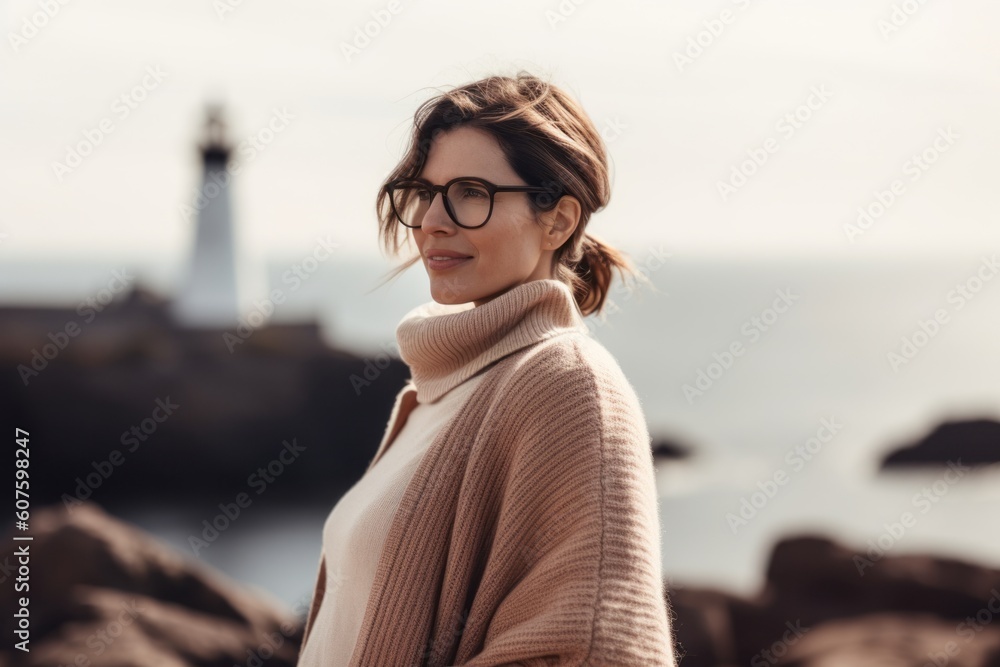 beautiful young woman in beige sweater and eyeglasses standing near lighthouse on rocky coast