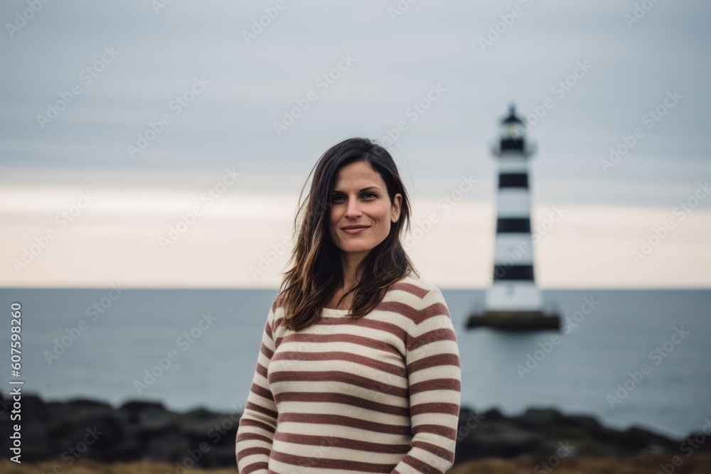 Portrait of a beautiful young woman in front of a lighthouse. Portrait of a beautiful young woman in front of a lighthouse.