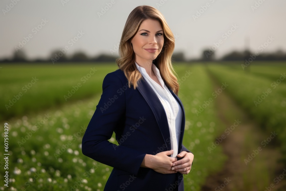 Beautiful young businesswoman standing in a field of daisies Beautiful young businesswoman standing in a field of daisies