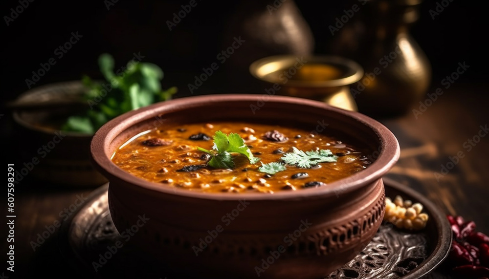 Freshly cooked vegetarian pumpkin soup with cilantro garnish generated by AI Freshly cooked vegetarian pumpkin soup with cilantro garnish generated by AI
