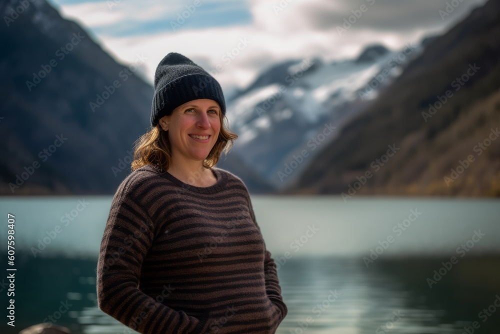 Young woman in a sweater and hat on the background of a mountain lake