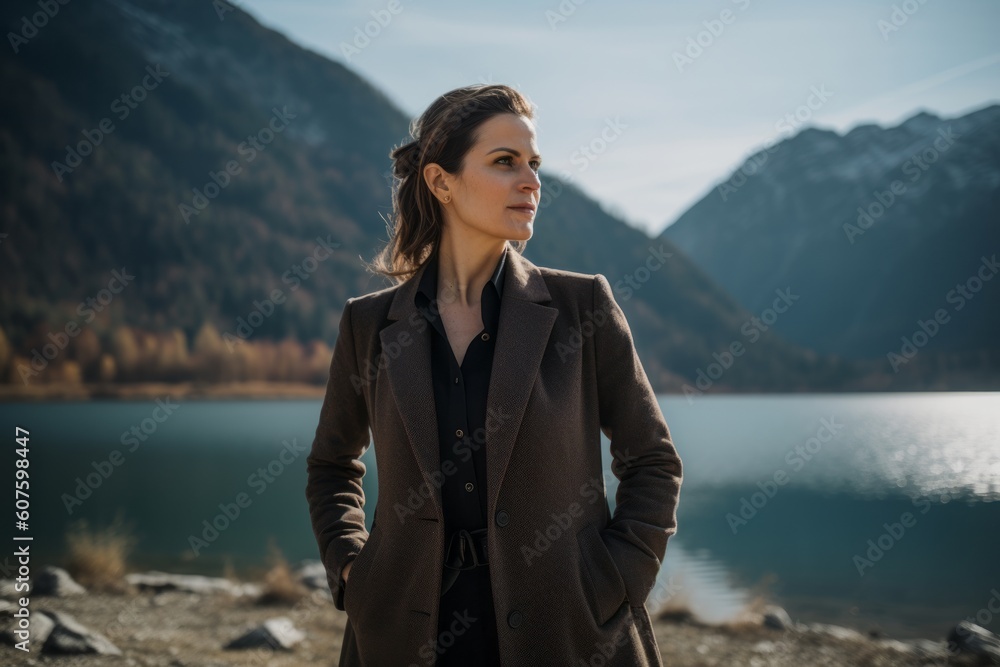 Portrait of a beautiful young woman in a coat on the background of a mountain lake